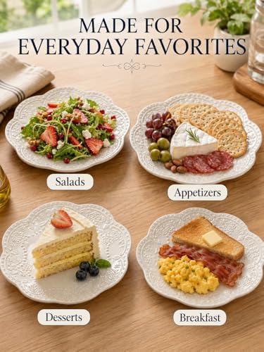 8 Inch Ceramic Salad Plates Set of 4, White Embossed Floral Butterfly Appetizer Plates with Scalloped Edge, Dessert Plates for Salad, Breakfast, Snacks, Microwave Oven Dishwasher Safe - Image 5
