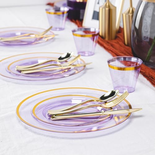 N9R 600PCS Purple Gold Plastic Plates, Disposable Dinnerware Set for Party - Image 4