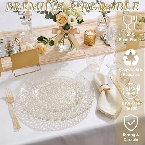 Rubtlamp 700Pcs Gold Glitter Plastic Dinnerware Set, Hammered Clear Plates, Fancy Plastic Plates Include 100 Dinner Platos, 100 Salad Platos, 100 Cups,100 Pack Pre Rolled Glitter plastic Silverware - Image 3