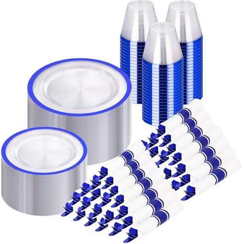 I00000 700Pcs Dark Blue Plastic Dinnerware Set ,Clear Plates for 100 Guests by I00000
