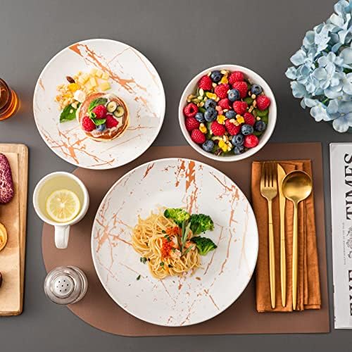 LOVECASA White Dinnerware Sets for 4, 16 Piece Porcelain Dish Set Plates and Bowls Sets, Gold Splash Glaze Ceramic Dinner Set with Mugs, Dishwasher Microwave Safe - Image 6
