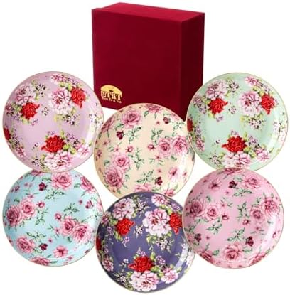 BTaT- Ceramic Floral Dessert Plates, Set of 6, 8 Inch, Assorted Colors with Golden Rim, Deep Porcelain Floral Plates with Gift Box, Dishwasher Safe by BrewToATea