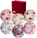 BTaT- Ceramic Floral Dessert Plates, Set of 6, 8 Inch, Assorted Colors with Golden Rim, Deep Porcelain Floral Plates with Gift Box, Dishwasher Safe by BrewToATea