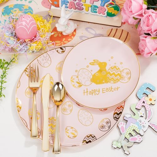 Liacere 150Pcs Easter Plates with Gold Bunny - Pink Plastic Dinnerware Includes 30 Egg and Rabbit 30 Dessert Plates, 30 Forks, 30 Spoons,30 Knives for Easter Party - Image 4