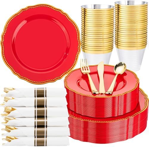 Hioasis 175 Pcs Red Gold Plastic Plates Wedding & Party by Hioasis