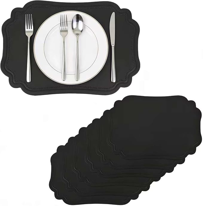 Black Faux Leather Placemats Set of 6,Waterproof PU Placemat for Dining Table,Wipeable Eco-Friendly Kitchen Table Mats Heat Resistant Anti Slip Washable,Modern Table Protectors