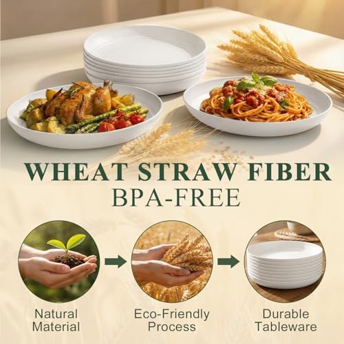 Serving Plates Sets of 8, Wheat Straw Plates 10 Inch - White - Image 3