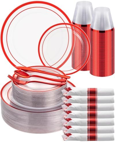 Goodluck 350 Pcs Red Disposable Plates, Clear Plastic Plates and Napkins by GoodLuck