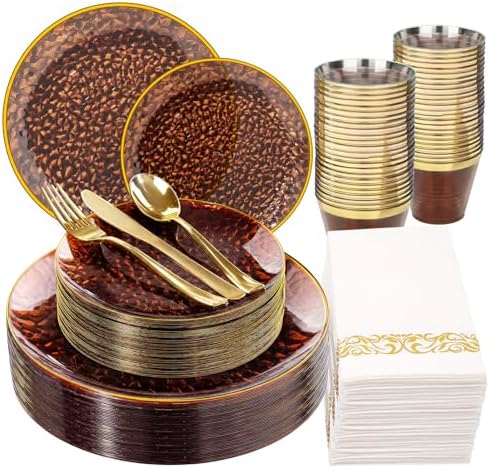 Rubtlamp 175 Pcs Plastic Dinnerware Set (25 Guests), Amber And Gold Plastic Plates, Hammered Party Plates Set Include Dinner Plates, Dessert Plates, Cups, Cutlery Set And Napkins for Wedding And Party by Rubtlamp