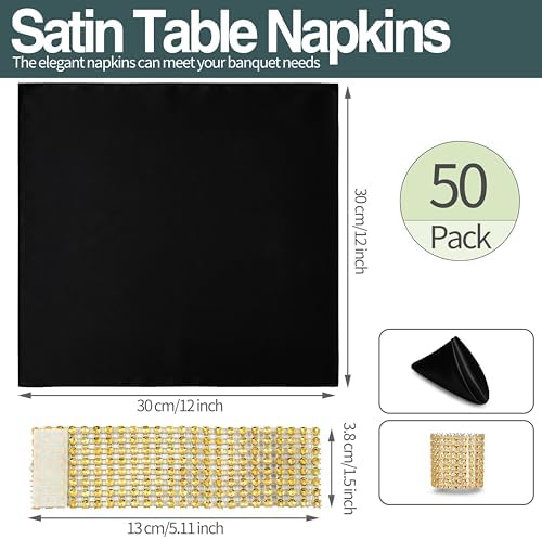 Black Satin Napkins and Napkin Rings Set, 100 Pack, 12 x 12 Inch - Image 6
