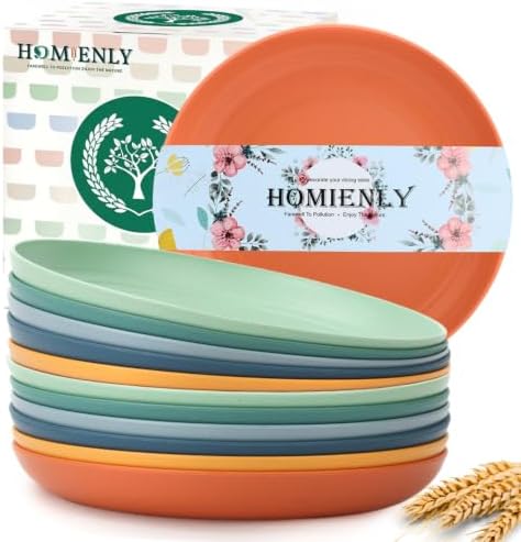 Homienly Unbreakable Deep Plates Set of 12 Wheat Straw Large Plates 10 Inch Microwave Safe Salad Plates Set for Bread & Butter, Burgers Plastic Plates Alternative for Picnic, Party (Vibrant Colors) by HOMIENLY