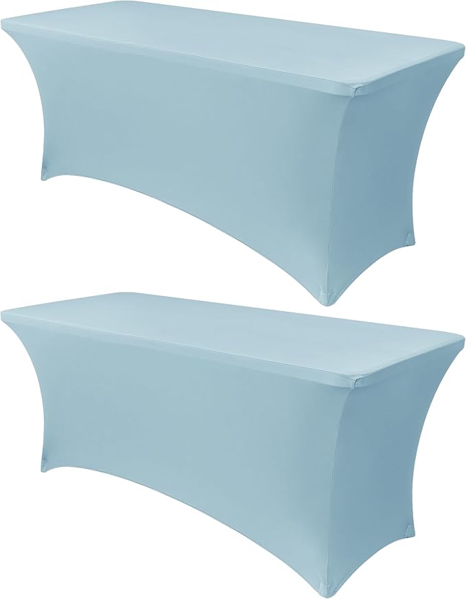 Obstal 4Ft Stretch Spandex Table Cover for Standard Folding Tables - 2 Pack Universal Rectangular Fitted Tablecloth for Party, Banquet, Events, Trade Show (Dusty Blue, 48L x 24W x 30H Inches)