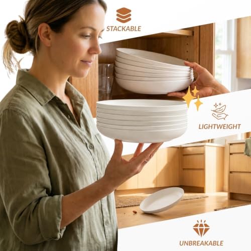 Homienly Wheat Straw Plates 9 inch Deep Dinner Plates 6 PCS Unbreakable Salad Plates for Kitchen, Camping, RV, Reusable Plastic Plates for Dessert, Bread & Butter Microwave and Dishwasher Safe (White) - Image 5