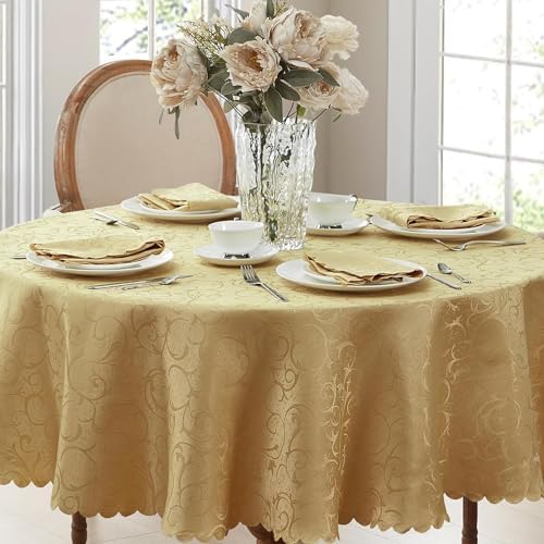 Newbridge Portofino Scalloped Damask Fabric Tablecloth, 90 Inch Round, Gold, Wrinkle and Stain Resistant Fine Dining Holiday Party Table Cover - Image 5