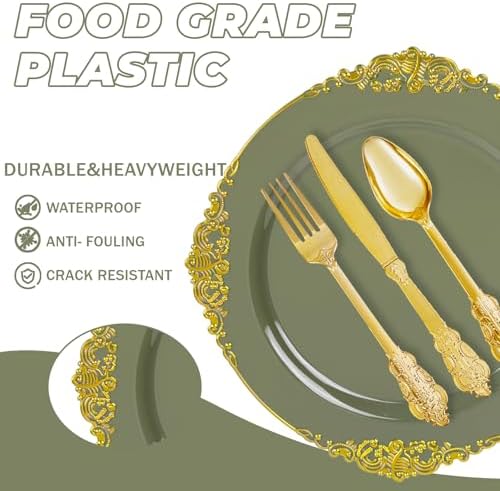 125PCS Sage Green and Gold Plastic Plates for Wedding and Party - Image 4