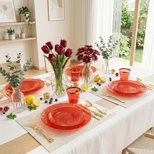 Rubtlamp 175 Pcs Plastic Dinnerware Set (25 Guests), Red And Gold Plastic Plates, Hammered Party Plates Set Include Dinner Plates, Dessert Plates, Cups, Cutlery Set And Napkins for Wedding And Party - Image 7