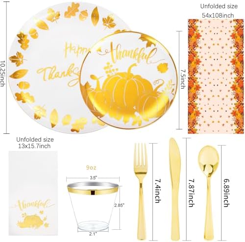 Festiva 176Pcs Thanksgiving Plastic Plates - Heavy Duty Thanksgiving Plates - Thanksgiving Disposable Dinnerware Set include 50 Plates,75 Silverware, 25 Cups, 25 Pumpkins Napkins, 1Tablecloth - Image 2