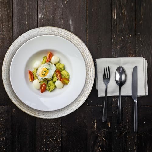 13" White Round Charger Plates Set of 6, Plastic Rattan Chargers for Dinner Plate, Festival Tabletop Decor Table Setting Centerpiece Bulk Event, Party - Image 2