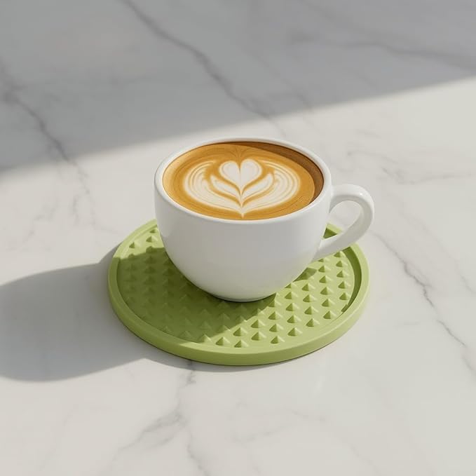 Set of 8 Silicone Coasters, 4'' Drink Coaster with Holder, Round Coasters for Drinks Beer Coffee Home Office Bar Desk Tabletop Protection, Non-Slip Rubber Coaster (Green, 8 Pcs-Metal Holder)