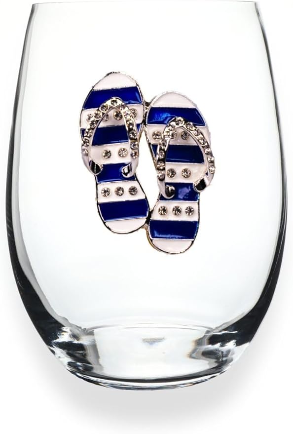 THE QUEENS' JEWELS Blue and White Flip Flop Jeweled Stemless Wine Glass, 21 oz. - Unique Gift for Women, Birthday, Cute, Fun, Not Painted, Decorated, Bling, Bedazzled, Rhinestone