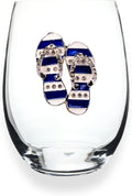 THE QUEENS' JEWELS Blue and White Flip Flop Jeweled Stemless Wine Glass, 21 oz. - Unique Gift for Women, Birthday, Cute, Fun, Not Painted, Decorated, Bling, Bedazzled, Rhinestone