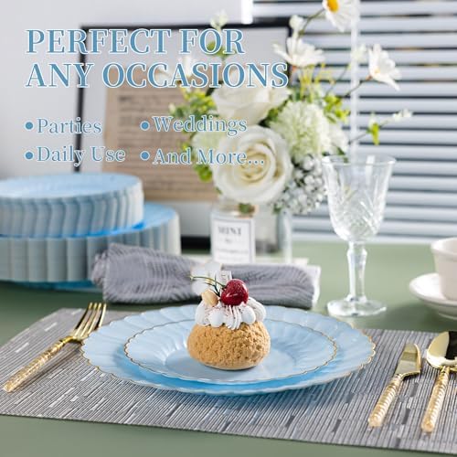 Lullaby 60PCS Light Blue Scalloped Plastic Plates with Gold Rim for Party - Image 5