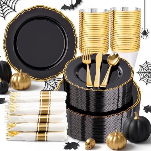 Hioasis 350 Pcs Black and Gold Plastic Plates for Wedding & Party by Hioasis