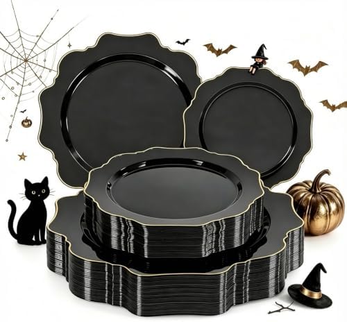 WDF 50PCS Black and Gold Plates - Black Disposable Plates for Halloween by WDF