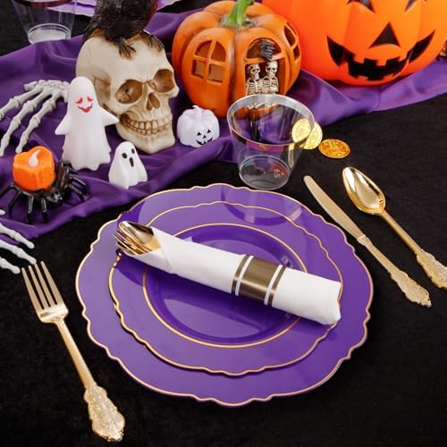 Liacere 175PCS Purple Plastic Plates-Disposable Purple and Gold - 25 guest Baroque Plastic Dinnerware include 50Plates,25Pack Pre Rolled Napkins with Silverware 25Cups for Wedding&Party＆Halloween - Image 5