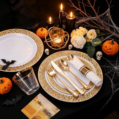 WELLIFE 175Pcs Gold Dinnerware Sets, Include:25 Dinner Plates, 25 Dessert Plates, 25 Paper Napkins, 25 Cups, 25 Plastic Cutlery Set - Image 3