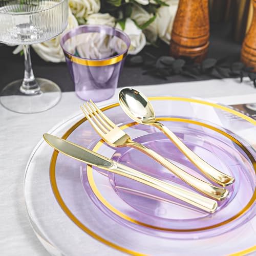 N9R 600PCS Purple Gold Plastic Plates, Disposable Dinnerware Set for Party - Image 3