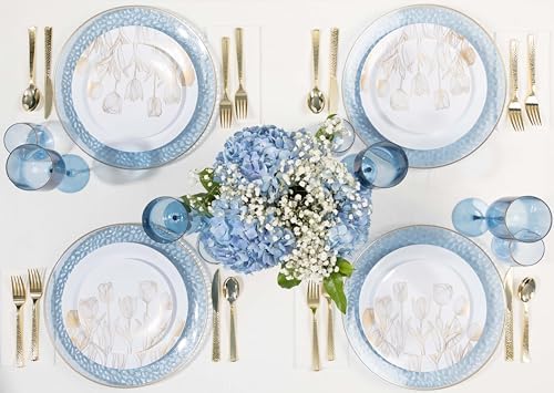 PLASTICPRO 128 Pack Elegant Disposable Plastic Plates Combo Set Bulk Pack Includes 64 Dinner Plates and 64 Salad Plates Heavy Duty Fancy Party Plates White with Gold Tulip Design - Image 3