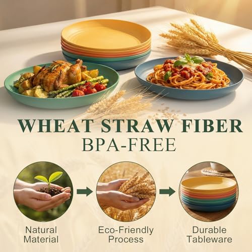 Wheat Straw Plates Set of 8, Reusable Plastic Dinner Plates 9 Inch, Unbreakable Kids Plates for Salad, Dessert, Microwave & Dishwasher Safe Camping Plate for Kitchen, Dorm, Picnic- Multi - Image 3