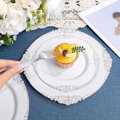 Nervure 600Pcs Silver Plastic Plates, Plastic Dinnerware Set for 100 Guests - Image 2