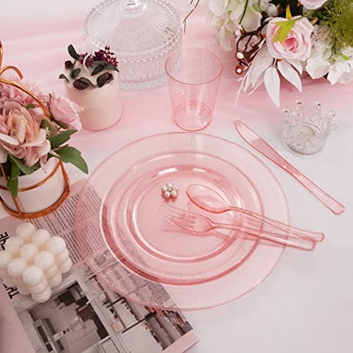DaYammi 150Pcs Pink Plastic Plates with Silverware & Pink Cups for Party - Image 3