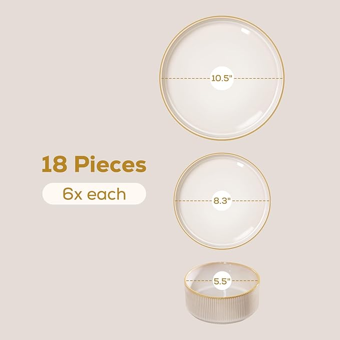 Romswi Stoneware 18Pcs Dinnerware Sets, Ceramic Plates and Bowls Set for 6, Chip & Scratch Resistant Ribbed Dish Set, Handmade Reactive Glaze, Oven, Microwave & Dishwasher Safe, Cappuccino White