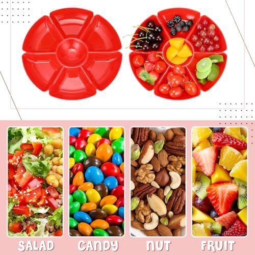 Zhehao 6 Pcs Plastic Divided Serving Trays with 60 Pcs Disposable Fork, 7 Compartments Round Chip Dip Plate, Petal Shape Platter, 10.6'' Snacks Serving Dish for Party Candy Nuts Fruits (Red) - Image 3