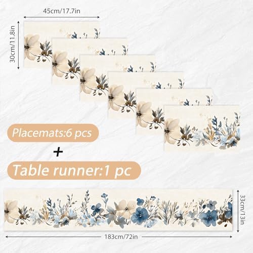 ANNA QUEEN Blue Floral Table Runner and Placemats Set of 6, 13"x72" Table Runner with 12"x18" Placemats, Rustic Linen Style Dining Set for Farmhouse, Kitchen, Everyday Decor - Image 3