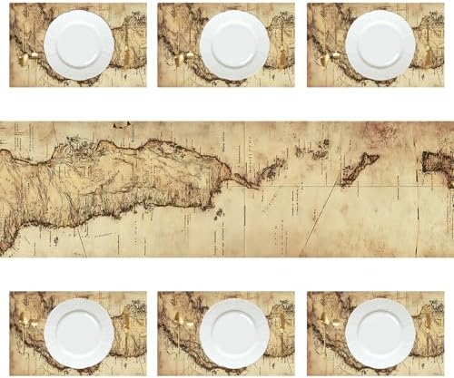 ANNA QUEEN Vintage Map Table Runner and Placemats Set of 6 – 13"x72" Table Runner & 12"x18" Placemats, Antique World Map Travel Theme Dining Table Decor - Image 3