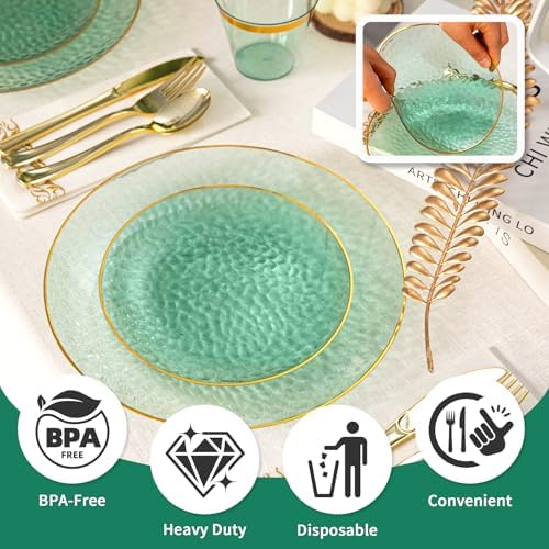 350PCS Green Gold Plastic Dinnerware Set for 50 Guests - Image 3