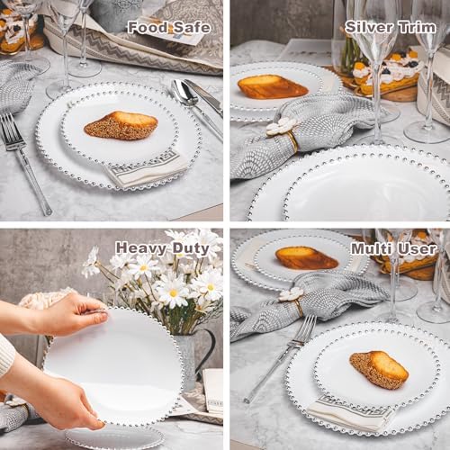 HOMIP 50PCS Disposable White Plastic Plates with Silver Pearl-Beaded Rim - Image 3