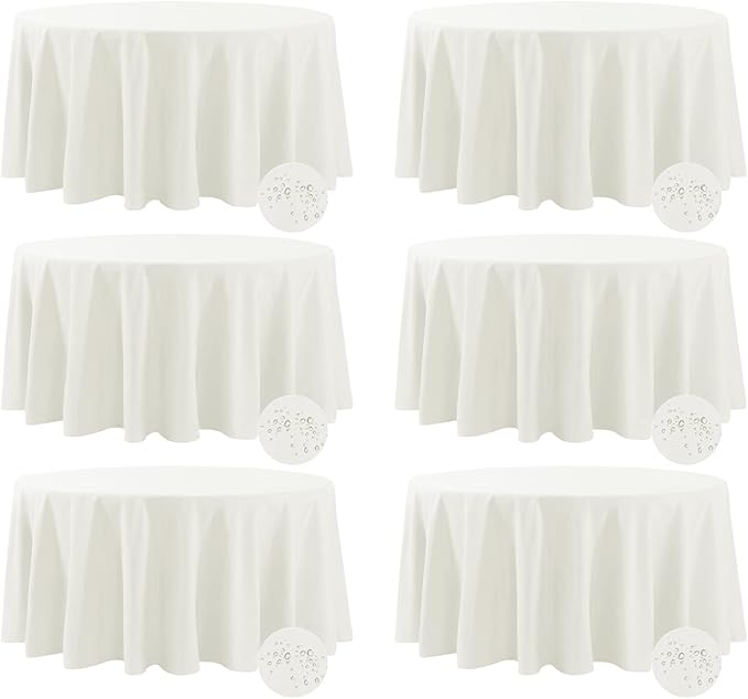 Fokitut 6 Pack Waterproof Round Tablecloth, 108 Inch, Stain Resistant and Wrinkle Polyester Table Cloth, Fabric Table Cover for Kitchen Dining, Wedding, Party, Holiday Dinner-Ivory