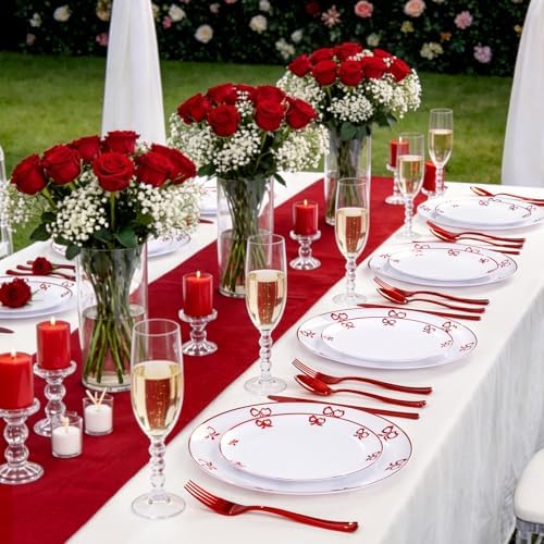 125PCS Red Bow Plastic Plates - White and Red Rim Disposable Plates - 50 Elegant Plates with Bowknot Patterns, 25 Forks, 25 Spoons, 25 Knives for Birthday Wedding Party - Image 4