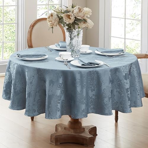 Newbridge Barcelona Damask Fabric Tablecloth, 90 Inch Round, Blue – No Iron, Soil Resistant Table Cover for Dining, Parties and Holidays by HomeBargainsPlus