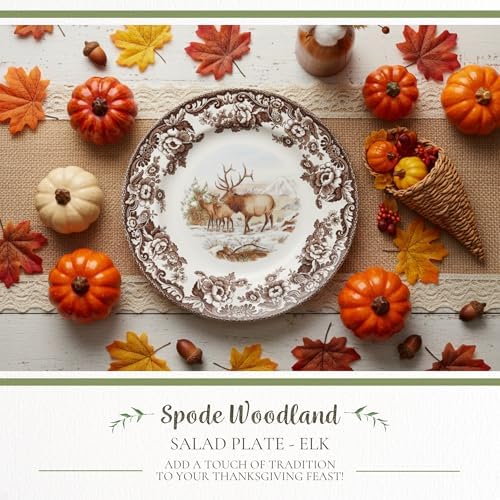 Spode Woodland Elk Salad Plate - American Wildlife Design, British Flowers Border for Rustic Dining, 8 Inch Fine Earthenware - Oven, Microwave, Freezer & Dishwasher Safe, Made in England - Image 2