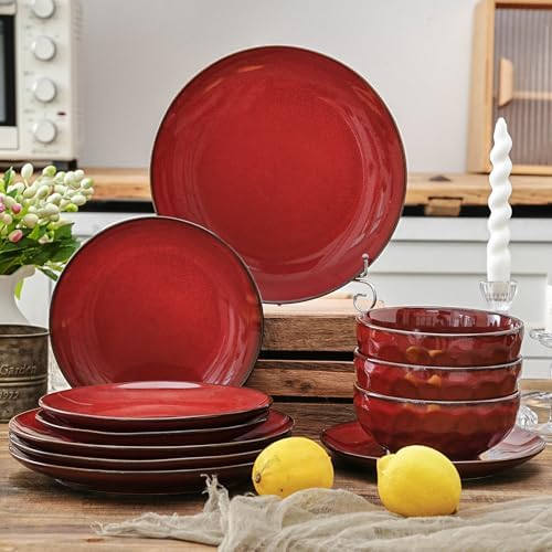 vicrays Ceramic Round Plates Set of 6 - Porcelain 10 inch Dinner Plates for Salad Dessert Appetizer Bread - Microwave Oven and Dishwasher Safe Cherry Red - Image 7