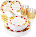 Rubtlamp 175Pcs Thanksgiving Plastic Plates, Gold Disposable Plates With Red Wreath, Fall Party Plates Include 75Gold Plastic Cutlery with Pre Rolled Napkins,25Dinner Platos, 25Salad Platos, 25 Cups by Rubtlamp