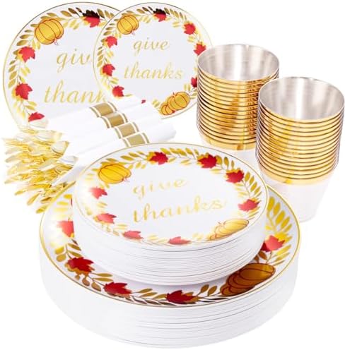 Rubtlamp 175Pcs Thanksgiving Plastic Plates, Gold Disposable Plates With Red Wreath, Fall Party Plates Include 75Gold Plastic Cutlery with Pre Rolled Napkins,25Dinner Platos, 25Salad Platos, 25 Cups by Rubtlamp