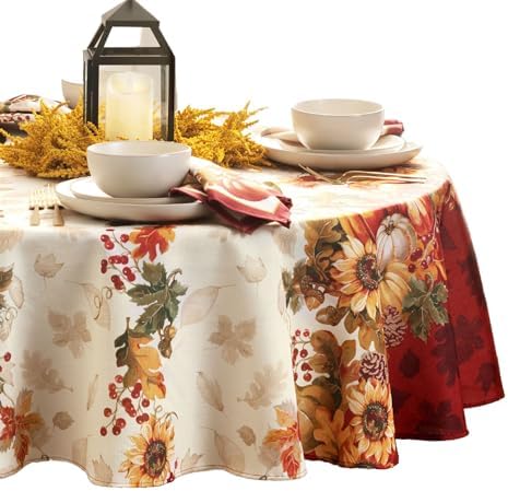 Elrene Home Fashions Swaying Leaves Bordered Fall, Seasonal and Holiday Tablecloth, 70" Round, Multi by ElreneHomeFashions