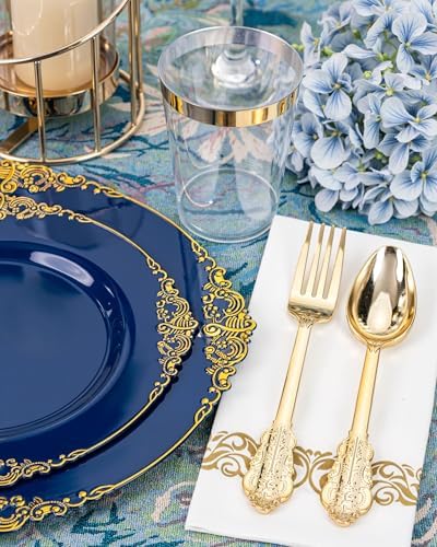 Nervure 175Pcs Blue Plastic Plates, Disposable Dinnerware Set for 25 Guests - Image 6